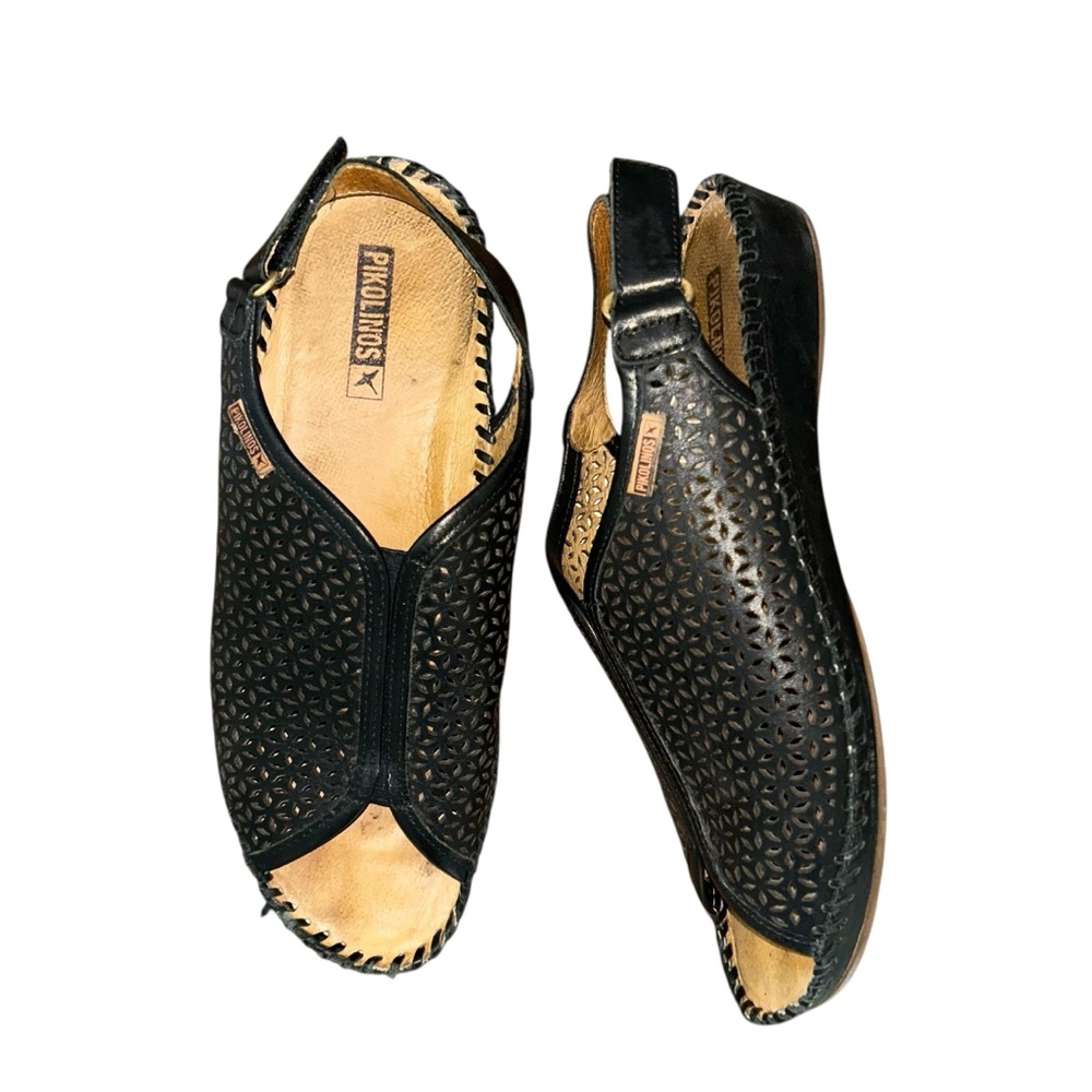 Pikolinos Black Leather Perforated Peep Toe‎ Sandals Wedge Sling Back Size 39